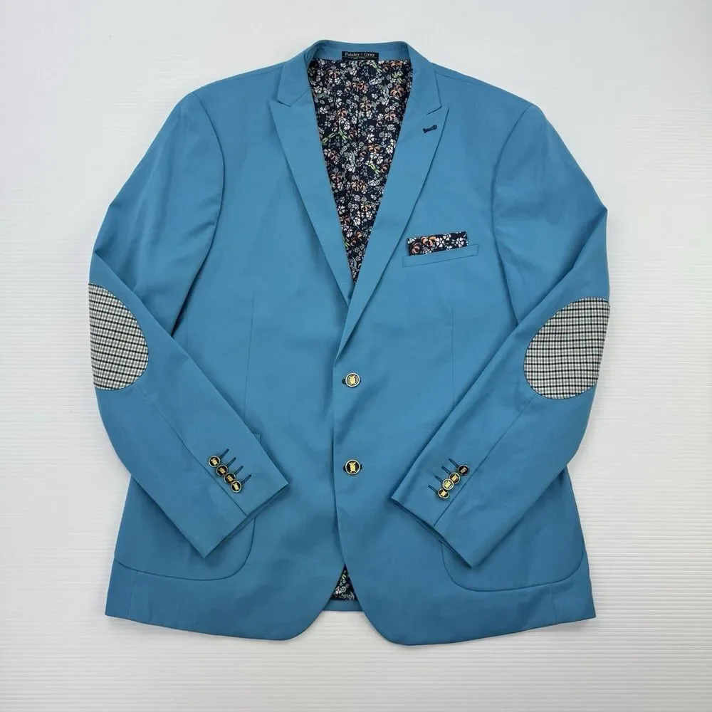 Paisley & Gray 48R Blue Sport Coat Blazer Floral Lining Elbow Patch Slim Fit